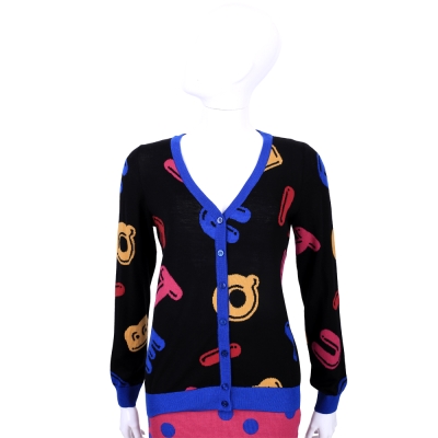 BOUTIQUE MOSCHINO 黑藍拼色多彩LOGO針織外套(100%LANA)