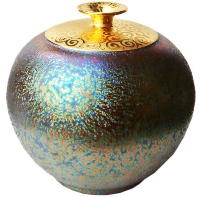 台湾 陶芸 名工 郭明本 七彩 結晶釉 丸瓶 花瓶 開運陶源(大美人瓶)繽紛人生聚寶盆禮品~郭明本錳七彩結晶釉鎏金瓶