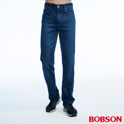 BOBSON 男款高腰貓鬚刷白深藍直筒褲