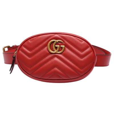GUCCI 古馳 Marmont系列山字車紋牛皮拉鍊腰包/斜背包(芙蓉紅-85cm)