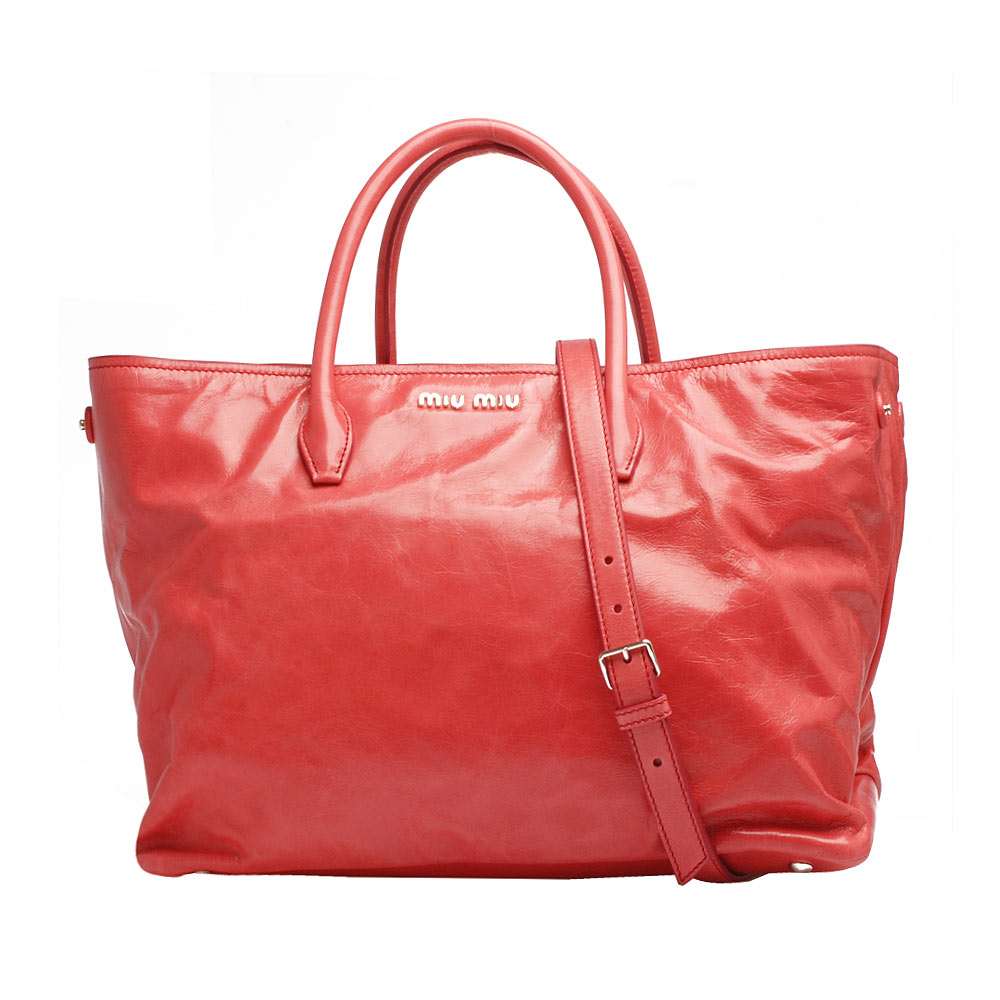 美品 Miu Miu Vitello Shine Rosso Bordo Miu Miu Red Vitello Shine Satchel Dark red Leather Pony-style
