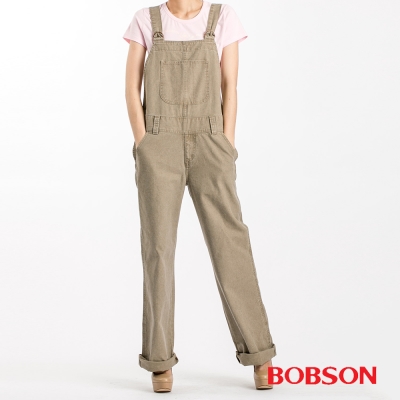 BOBSON 女款低腰刷白牛仔吊帶長褲