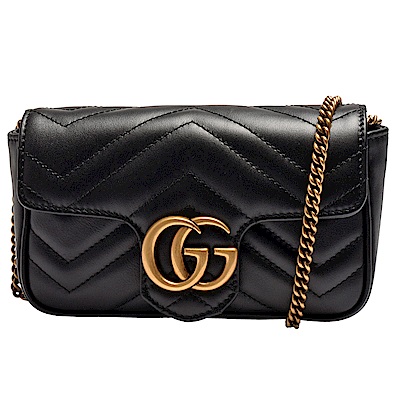 GUCCI 古馳 GG matelasse仿舊金色 LOGO牛皮山字紋暗釦肩/斜背包(迷你-黑)